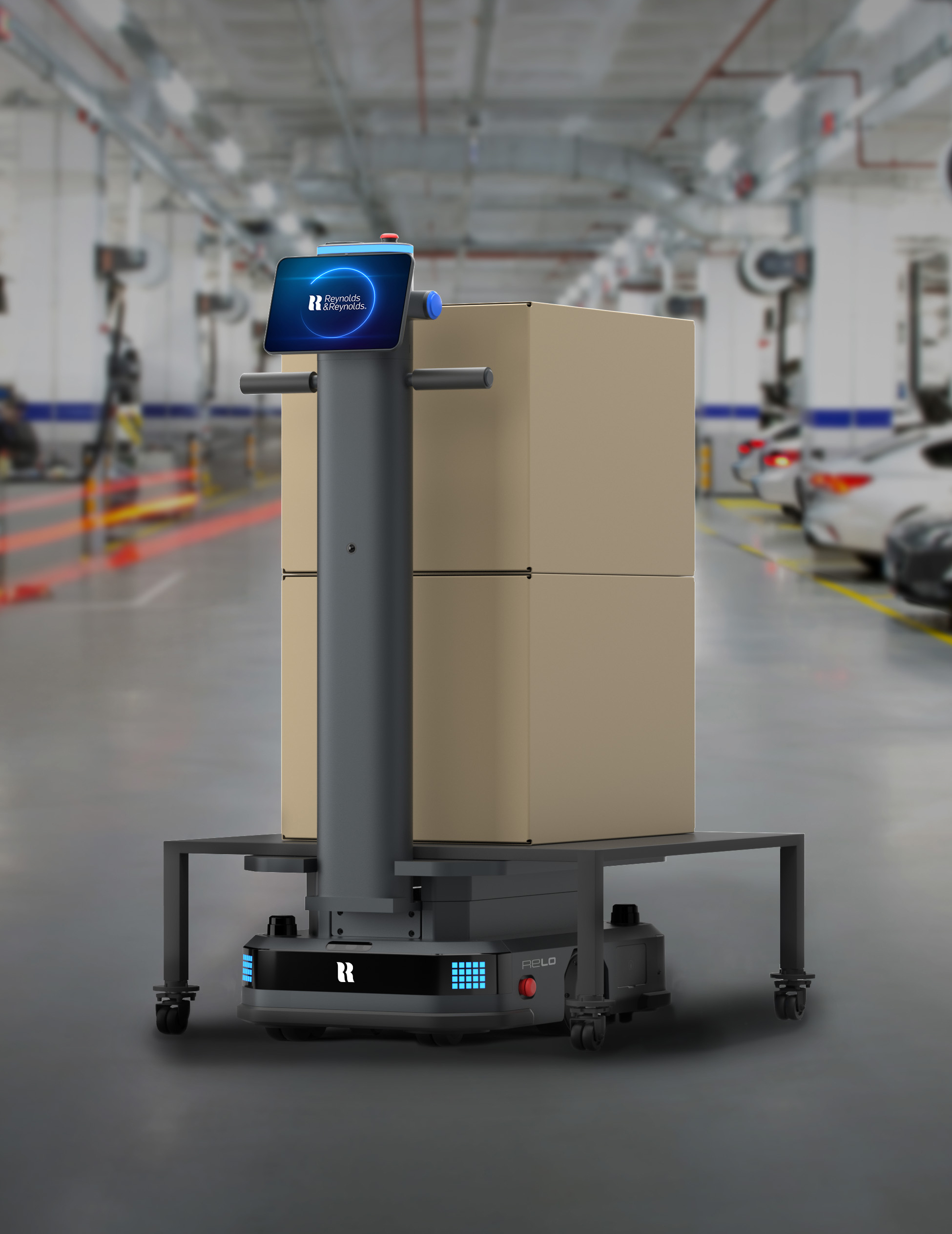 Relo the parts delivery robot carrying two boxes in the service lane