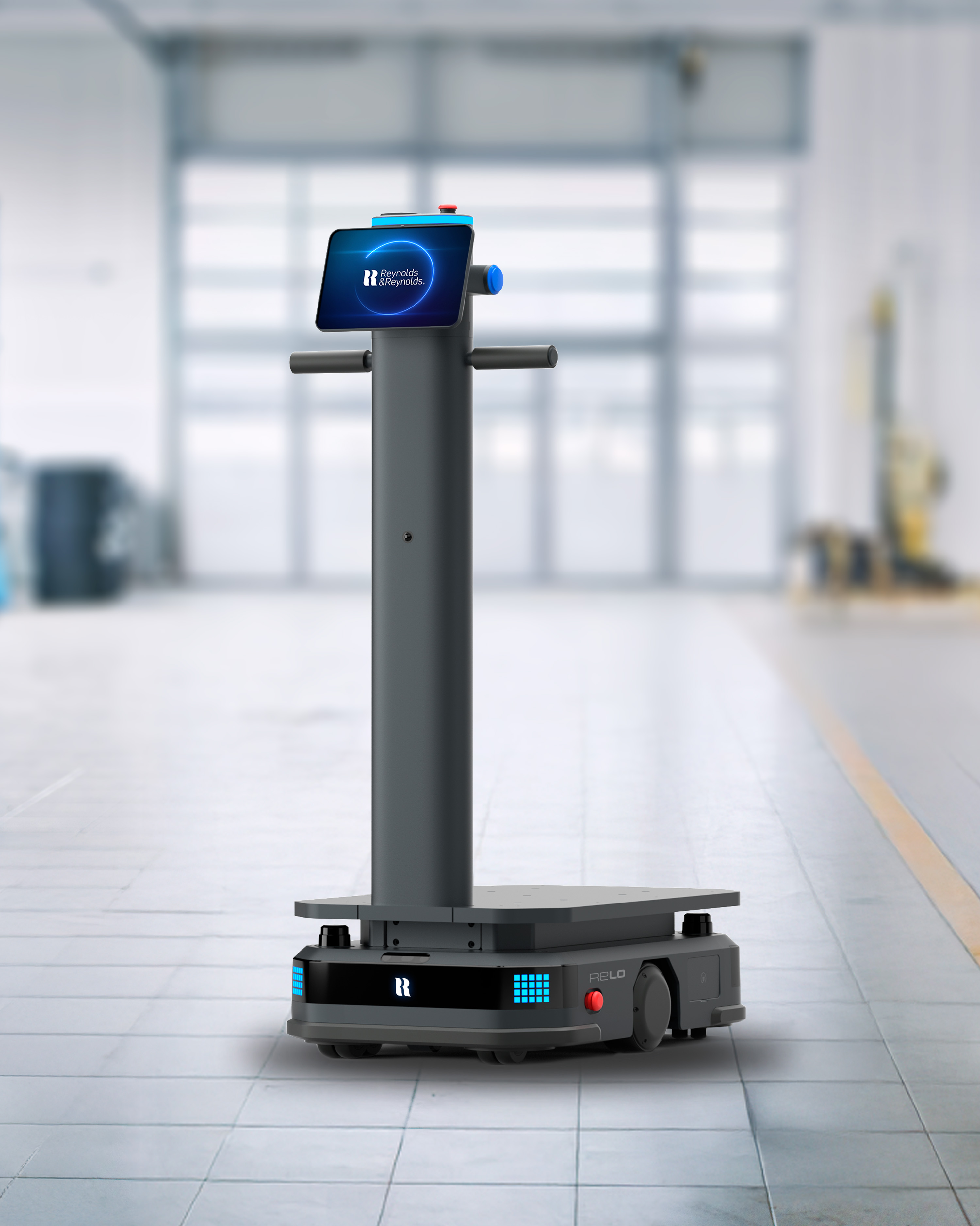 Relo the parts delivery robot posed in a bright service lane