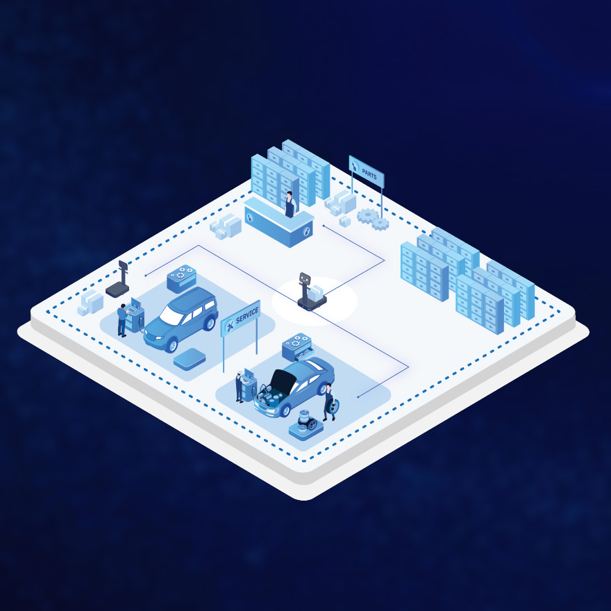Isometric illustration of a dealership's service lanes and parts department, with Relo the parts delivery robot running between them